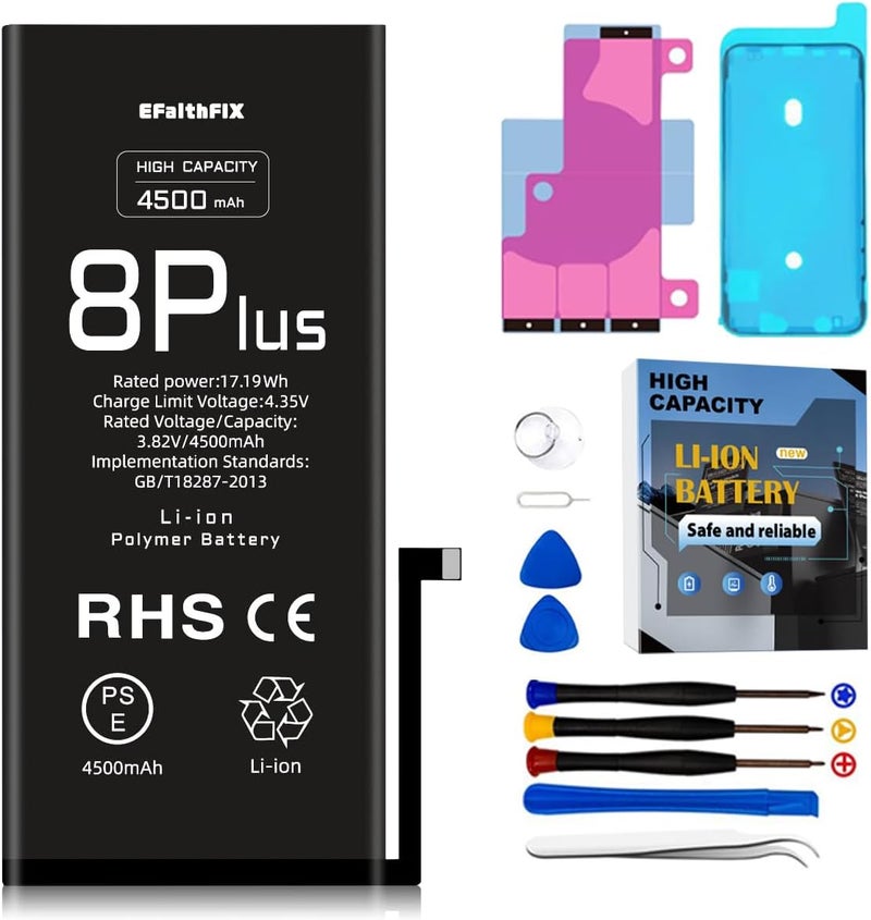 EFAITHFIX 4500mAh Upgraded Replacement Battery Compatible with iPhone 8 Plus, High Capacity New 0 Cycle A+ Battery Replacement for iPhone 8 Plus, Model A1864 A1897 A1898 with Complete Repair Tool Kit - Image 1